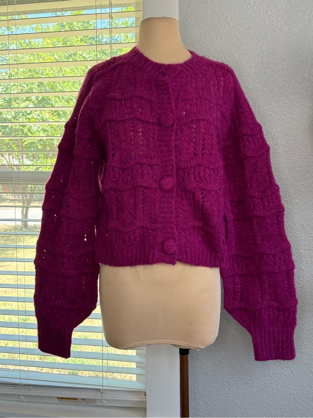 NWT Endless Rose Berry Knit Cardigan Size Small Balloon sleeves